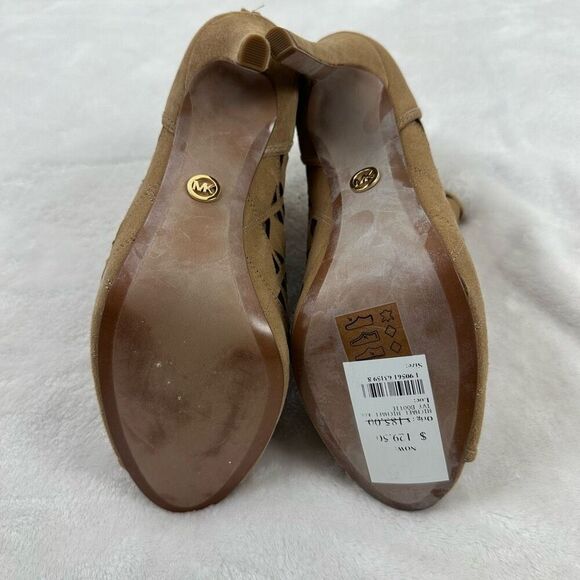 Michael Kors Sz 7.5 Ivy Open Toe Suede Leather Heel Bootie‎ Tan Diamond Lasercut - Picture 9 of 10